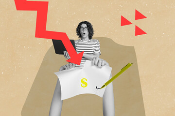 Composite artwork collage of office manager omg face guy work laptop broken agreement arrow show...