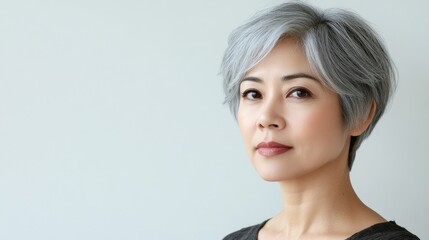 Fototapeta premium Confident middle-aged woman with short silver hair gazes at the camera, embodying themes of beauty and skincare against a light background.