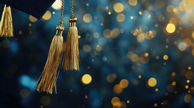 Graduation caps with elegant gold tassels on a deep blue background, accented by shimmering golden bokeh, ideal for a stylish graduation invitation design.