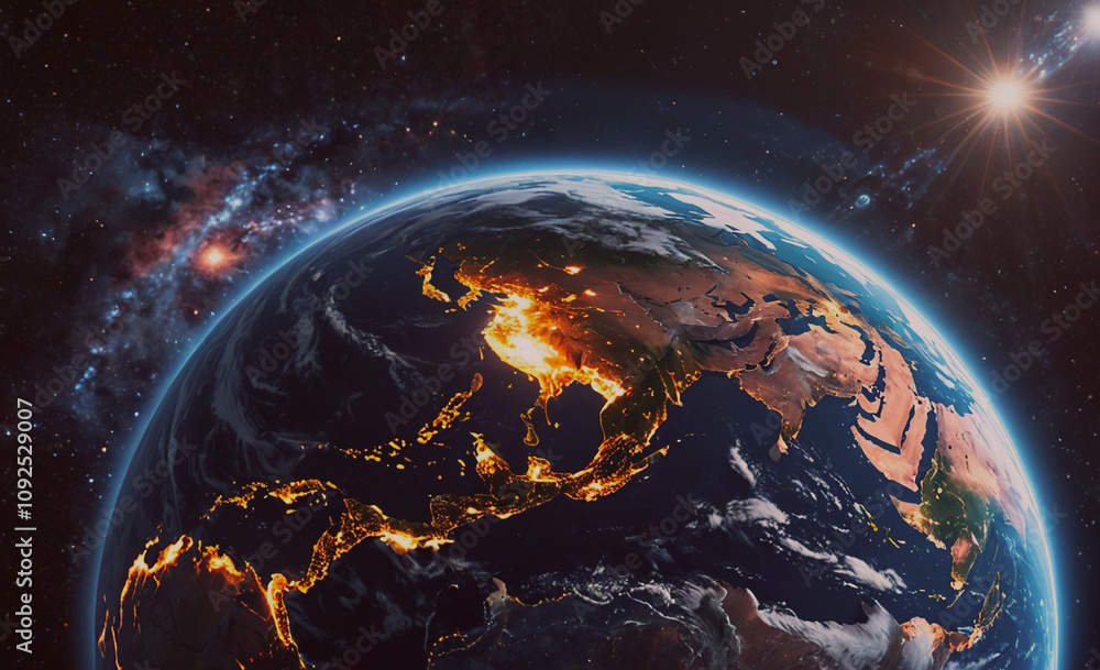 Poster the planet is lit up with a bright yellow sun. the sun is in the background and the planet is in the
