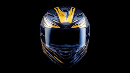 Full face motorcycle helmet featuring a striking yellow and blue design against a black background, showcasing its sleek contours and visor reflections.