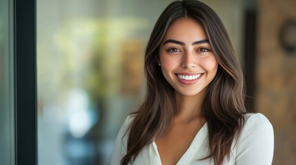 Naklejka premium Confident woman in casual attire exuding warmth with a broad smile, showcasing her vibrant personality in a light-filled environment.