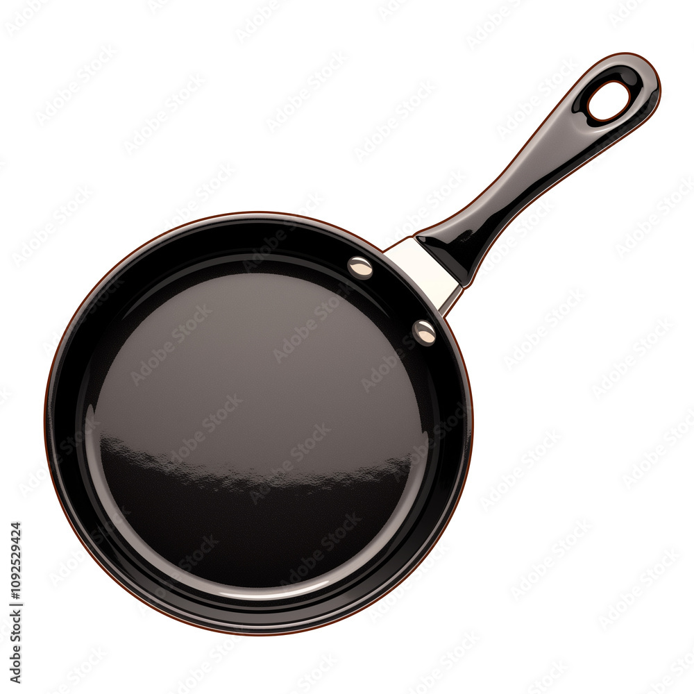 Poster sleek black frying pan with shiny surface and ergonomic handle, isolated on white background, perfec
