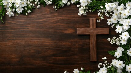 Elegant funeral invitation template with a wooden cross and white flowers, featuring customizable text space against a dark wood background.