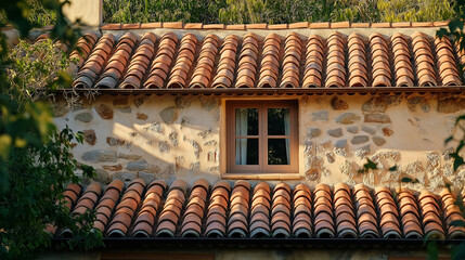Terracotta roof tiles on Mediterranean-style home - Sunlight on warm tones, traditional yet timeless