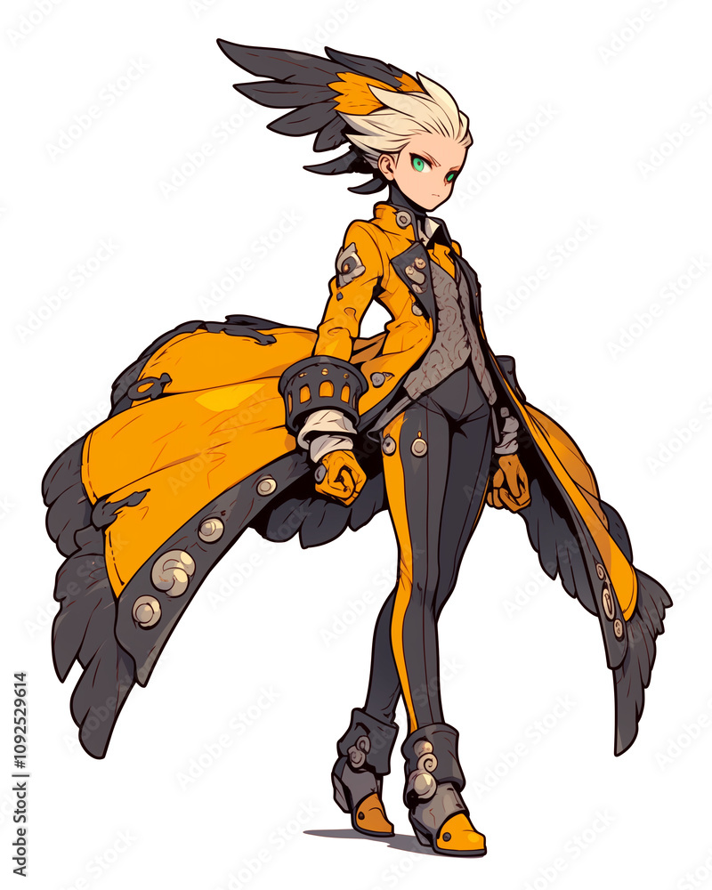Poster stylish character in vibrant orange and black outfit stands confidently, showcasing unique feathered design and intricate details. character dynamic pose and expressive features convey sense of