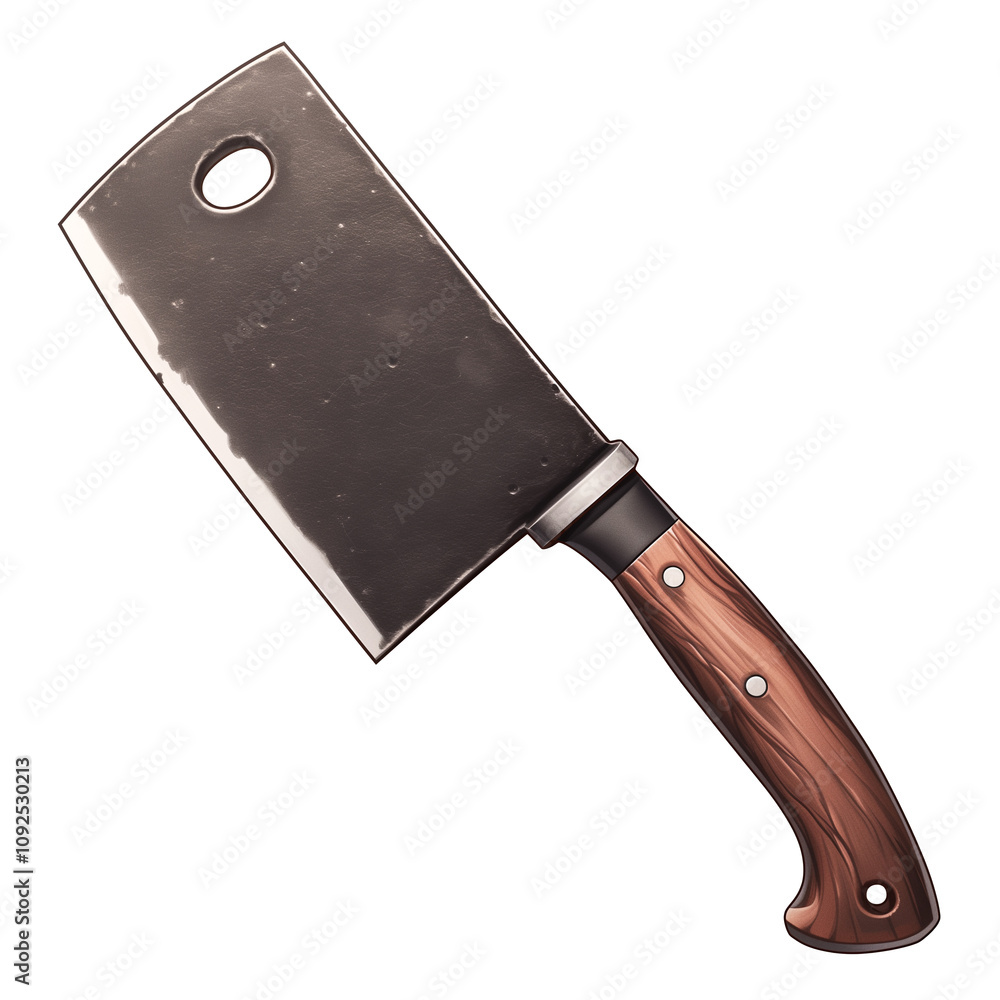 Poster sturdy meat cleaver with wooden handle is isolated on white background, showcasing its sharp blade a