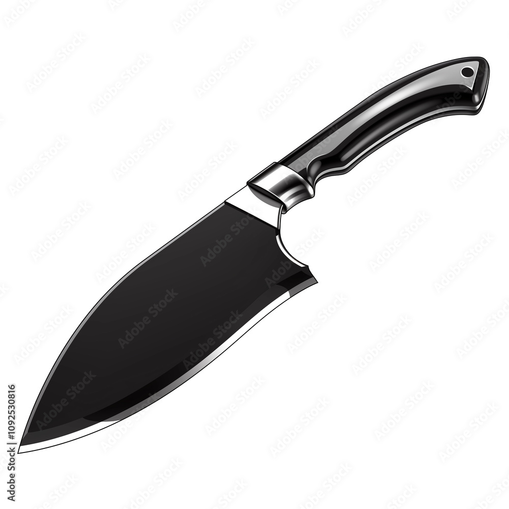 Poster sleek black chef knife with shiny handle, isolated on white background, showcasing its sharp blade a