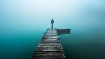 Obraz premium A lone figure stands on a wooden dock extending into a misty lake, the water a vibrant blue-green, the sky a soft white.