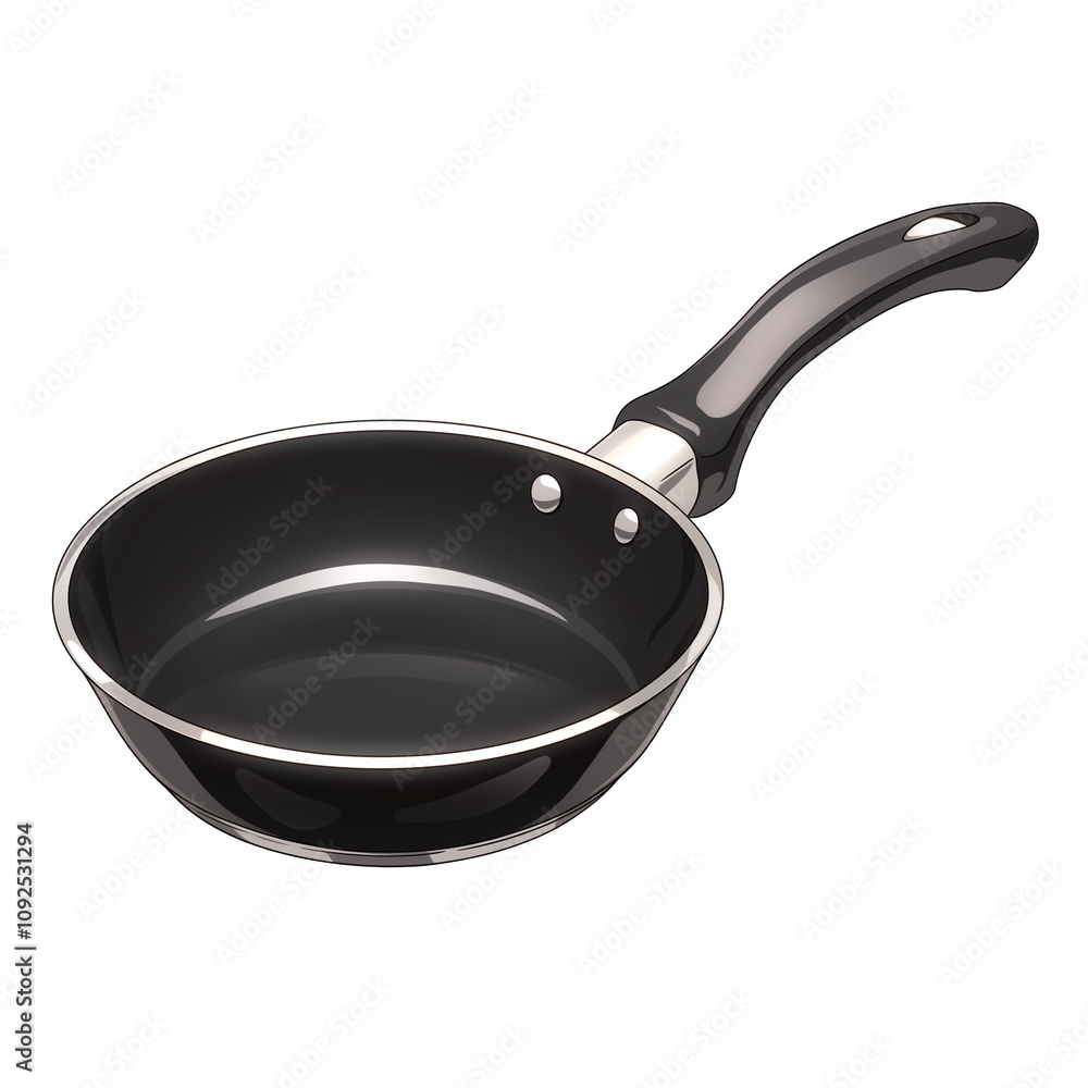 Poster black saucepan with shiny surface and ergonomic handle isolated on white background, perfect for coo
