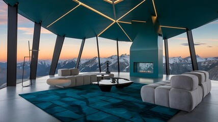 Fototapeta premium Futuristic Mountaintop Villa Sitting Room: Luxurious Design Meets Panoramic Landscape with Dramatic angular ceiling in deep teal with geometric patterns and hidden LED lighting