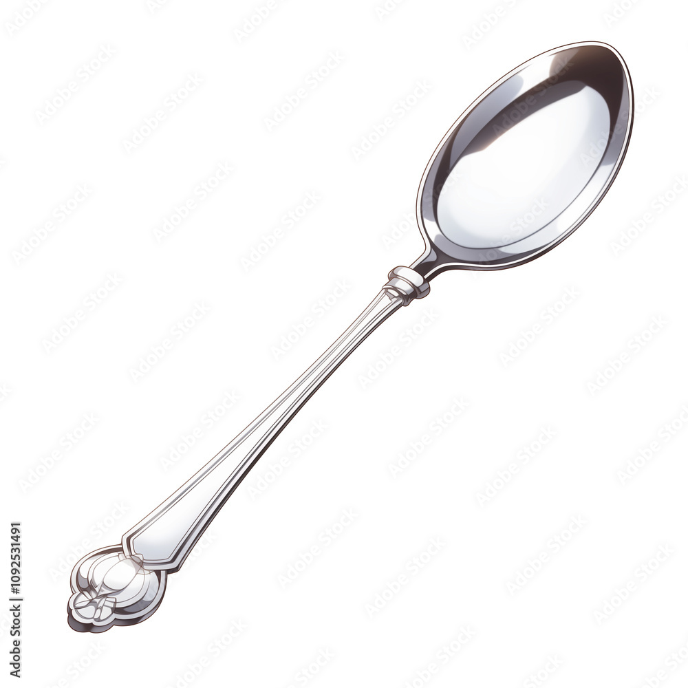 Poster shiny silver serving spoon with ornate handle design isolated on white background. elegant utensil r