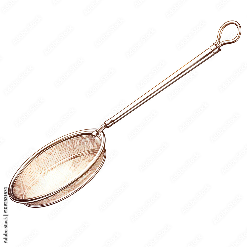 Poster metal sieve with long handle is isolated on white background, showcasing its fine mesh and elegant d