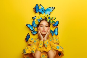 Fototapeta premium Closeup of calm and thoughtful woman in yellow patterned dress surrounded by blue butterflies and yellow flowers on a vibrant yellow background