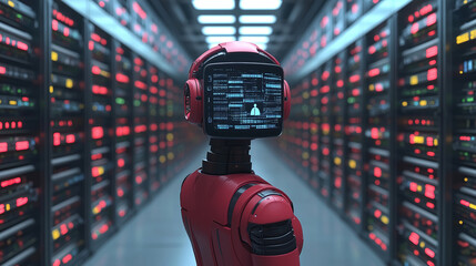 Futuristic red robot with a digital interface stands in a high-tech server room filled with illuminated data panels. Generative AI