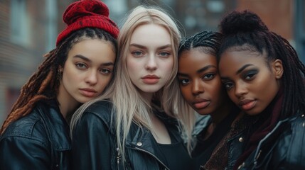 Five women of varied ethnicities display unity and strength, embodying female friendship and support for the feminist movement in a vibrant urban setting.