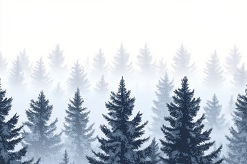 Fototapeta premium A misty, wintery forest scene with tall pine trees shrouded in fog. The image is perfect for use in winter-themed designs, backgrounds, or illustrations.