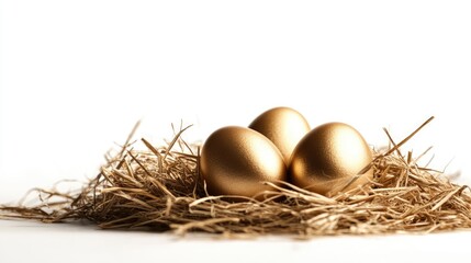 Fototapeta premium Golden Easter eggs resting in a nest of straw against a clean white background, showcasing a festive and elegant holiday theme.