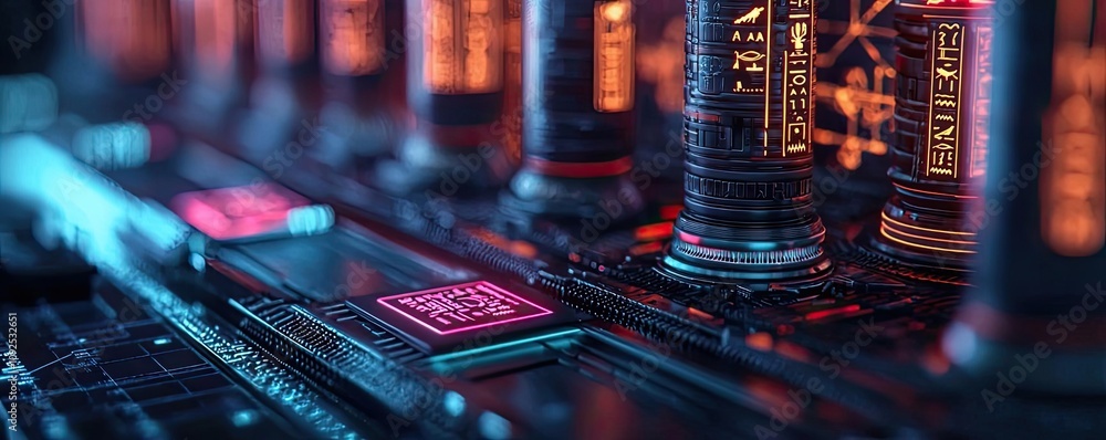 Poster futuristic circuit board with glowing tubes and colorful lights, close-up view.