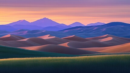 Fototapeta premium Vast rolling dunes illuminated by a warm sunset glow, with distant mountain silhouettes creating a stunning horizon backdrop.
