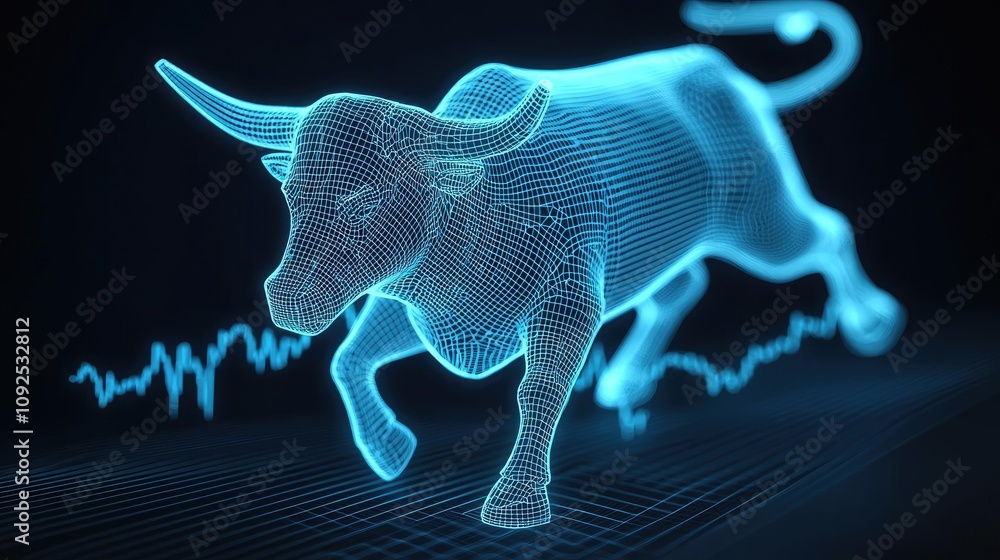 Poster 3d hologram of a running bull on a dark background with dynamic lines.