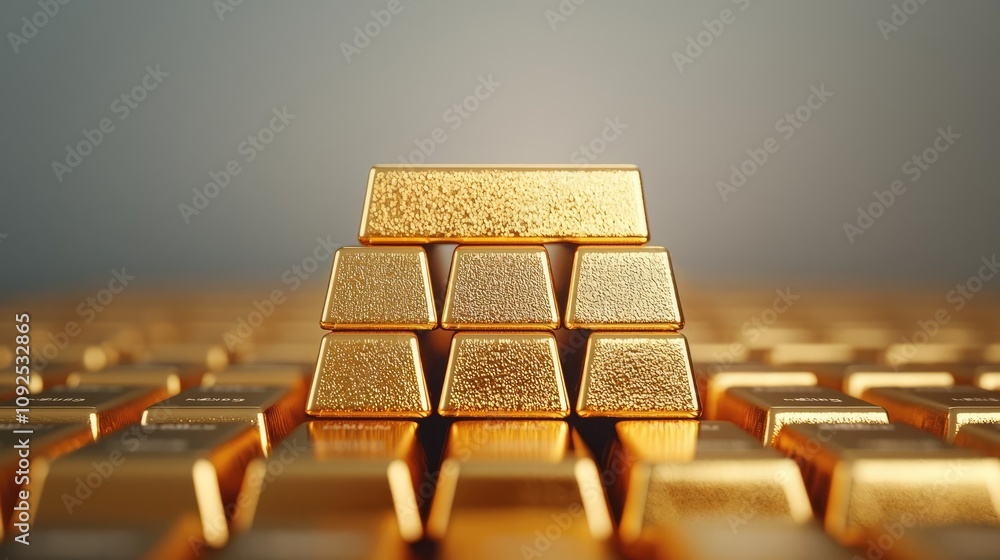 Poster Stack of gold bars on a reflective surface, subtle gradient background.