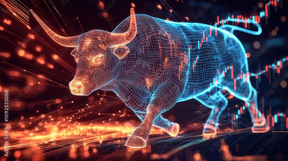 Poster wireframe bull symbolizing financial growth against digital graph background.
