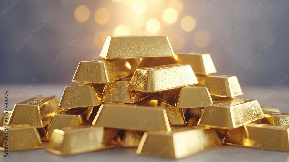 Poster stack of gold bars shining on a blurred background.
