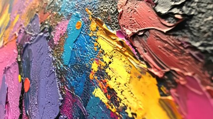 Fototapeta premium Close-up of a vibrant abstract painting featuring textured brushstrokes in rich hues of purple, pink, yellow, and blue, highlighting intricate details and depth.