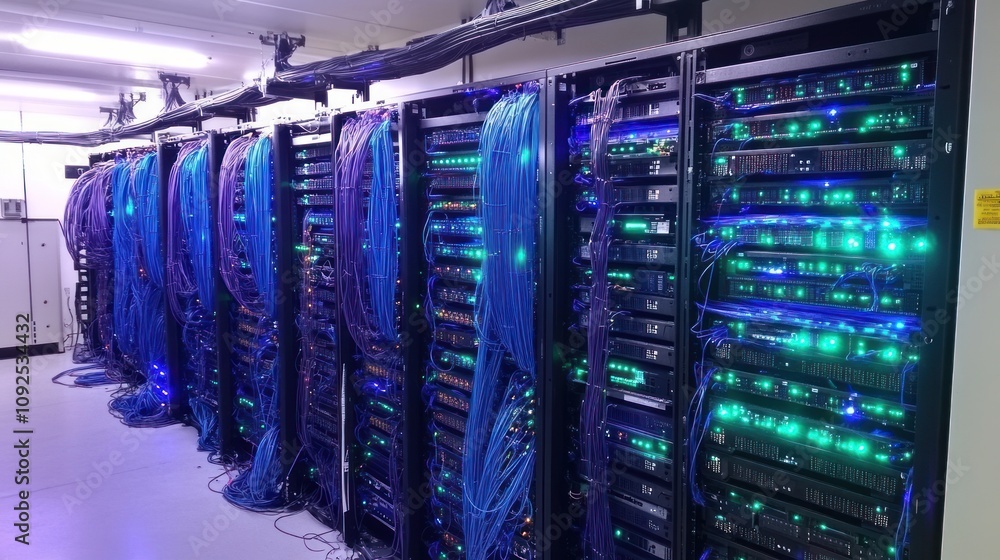 Poster illuminated server racks filled with network cables