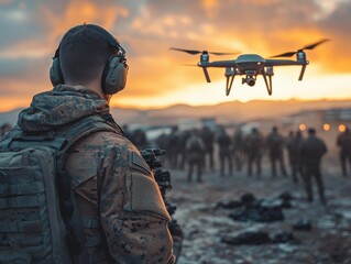 Naklejka premium A soldier operates a drone using a tablet and virtual reality headset, showcasing advanced military technology, precision surveillance, and modern defense strategies