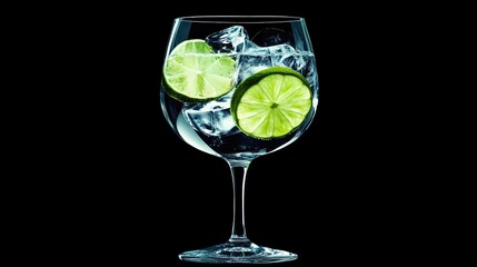 Refreshing gin and tonic cocktail in a glass, featuring vibrant lime slices and ice, ideal for parties and nightlife.