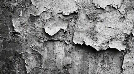 Obraz premium Cracked and Peeling Grey Plaster Wall with Textured Surface Showing Layers of Wear and Distress