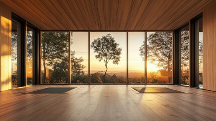 Fototapeta premium Spacious interior design showcasing oak wooden accents and large windows with a breathtaking sunset view, perfect for product presentations or 3D mockups.