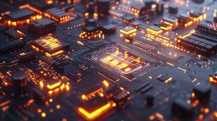 Obraz premium Futuristic close-up of a glowing circuit board with intricate microchips and luminous pathways radiating orange light, symbolizing advanced technology.