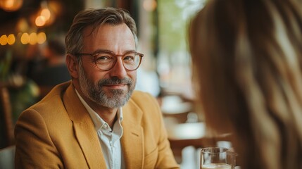 Professionals in a coffee shop engaging in discussion on taxation, currency exchange, and financial advising featuring a smiling man in a yellow blazer.