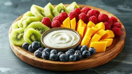Fresh fruit platter with dragon fruit, mango, berries, and coconut yogurt dip