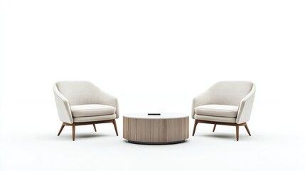 Stylish contemporary furniture featuring two elegant chairs and a round wooden table set against a minimalist white backdrop.