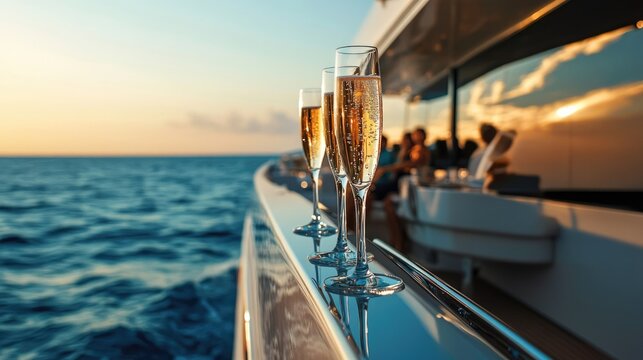 Champagne glasses glistening in the sun as friends celebrate aboard a luxurious yacht, surrounded by the serene open sea during sunset.