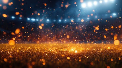Sparks and glowing embers scattering against a dark background, creating an energetic atmosphere on a sports field before a game.
