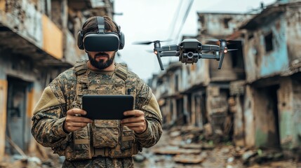 A soldier operates a drone using a tablet and virtual reality headset, showcasing advanced military technology, precision surveillance, and modern defense strategies