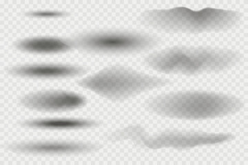 Different realistic round shadow, soft shapes on transparent background. Gray circular and ellipse shadows set. Vector illustration.