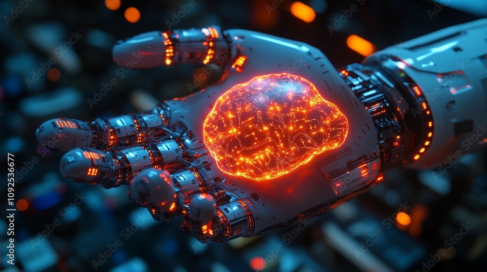 Poster futuristic robotic hand cradling an illuminated brain, symbolizing advanced artificial intelligence 
