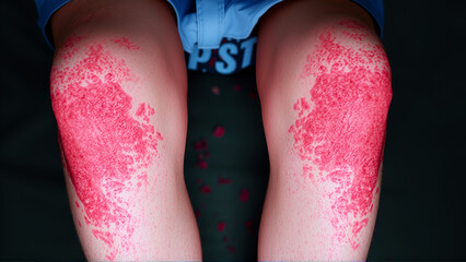 Acute psoriasis on the knees ,body ,elbows is an autoimmune incurable dermatological skin disease. Large red, inflamed, flaky rash on the knees. Joints affected by psoriatic arthritis.