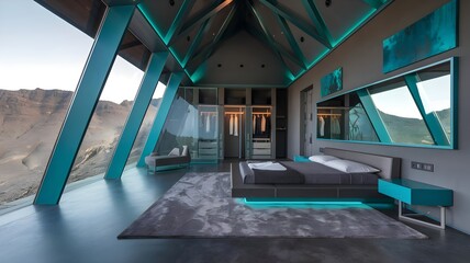 Fototapeta premium Luxurious Master Bedroom in a Mountaintop Villa with Panoramic Views with Dramatic Slanted Ceiling and angular teal metal frames