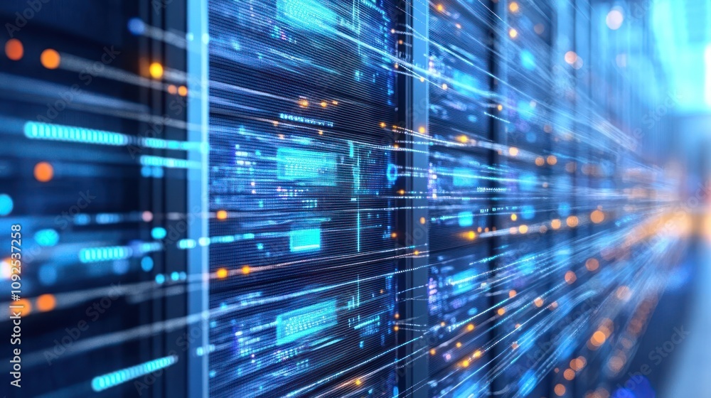 Aufkleber Data streams flow through a modern server rack