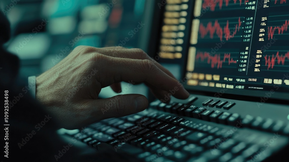 Poster close-up of a stock trader hands on a keyboard, analyzing oil market trends on a screen showing real