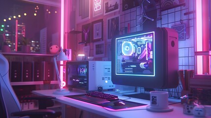Fototapeta premium A backlit computer for a gamer the monitor stands on a desk the cozy room with modern design is lit with purple blue neon led lights