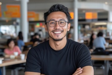 Smiling asian man with folded arms in food court: