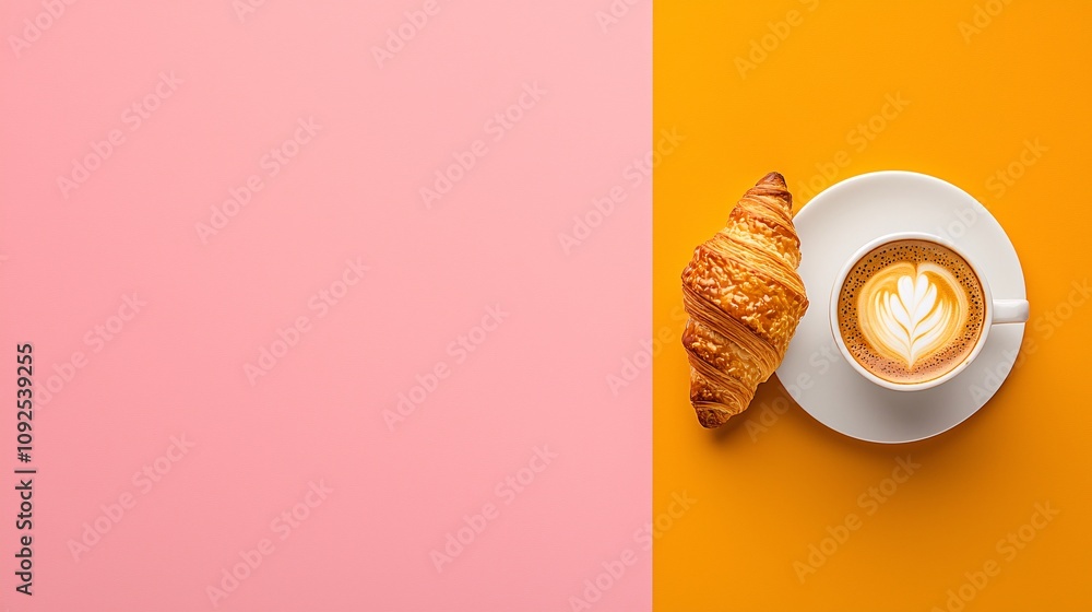 Poster a minimalist coffee table setup featuring a latte and croissant, styled with bold colors and sharp l